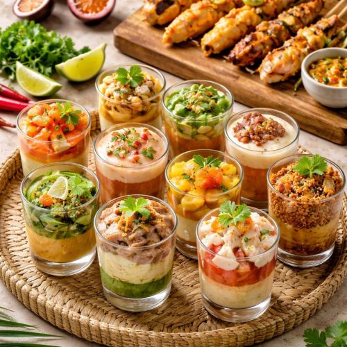 assortiment de verrines salées et brochettes antillaises pour cocktail