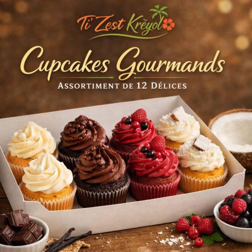 boîte de 12 cupcakes artisanaux avec ganaches vanille mascarpone chocolat fruits rouges et coco