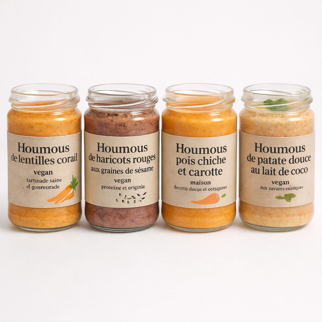 tartinades apéro vegan – lentilles, haricots rouges, carotte, patate douce