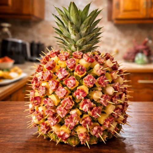 Ananas party antillais garni de pics apéritifs antillais saucisson gruyère cornichons