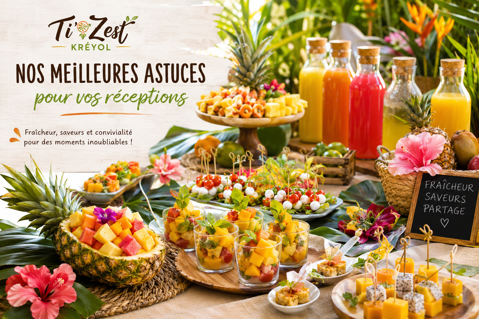 Buffet tropical coloré avec fruits frais, bouchées et jus de fruits pour une réception Ti’ Zest Kréyol