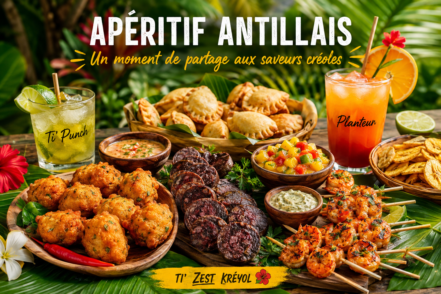 apéritif antillais composée d'accras de morue, boudins créoles, bananes plantains, sauces maison et cocktails tropicaux dans une ambiance conviviale.