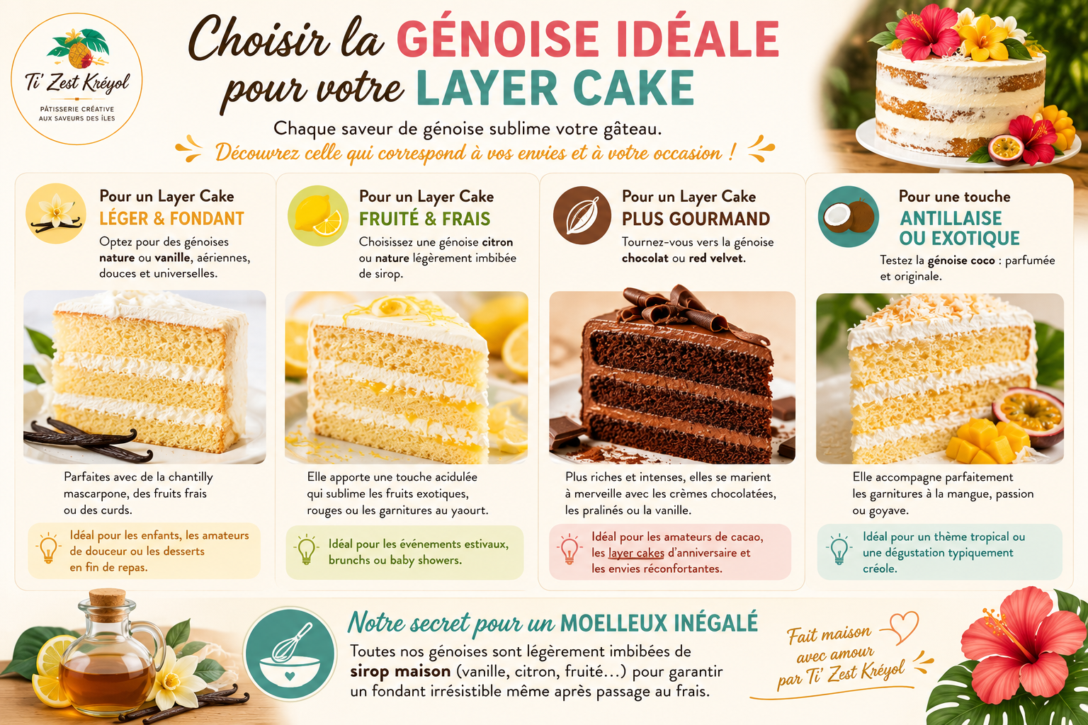 Infographie présentant les différentes génoises pour un layer cake : nature, vanille, citron, chocolat, red velvet et coco, avec leurs associations de saveurs et leurs utilisations.