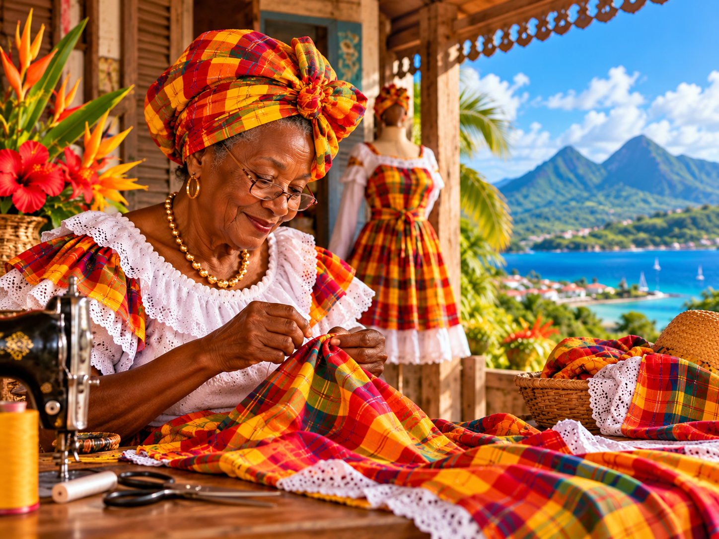 Tissu madras coloré et coiffe traditionnelle guadeloupéenne